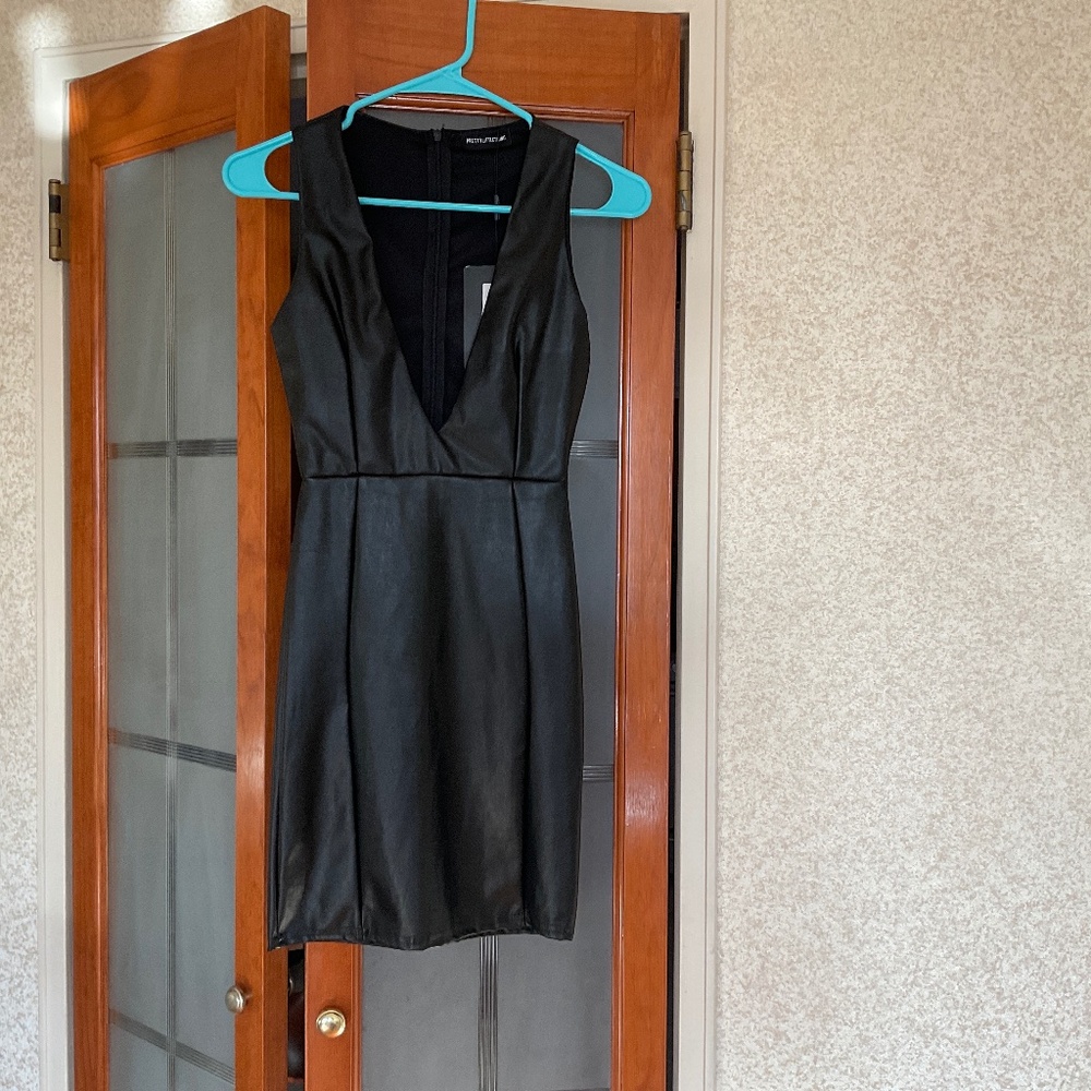 PrettyLittleThing Leather Plunge Bodycon New  Dress